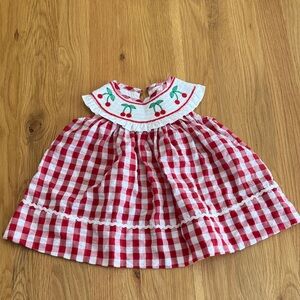 Cherry Embroidered Red and White Gingham Kids Dress
